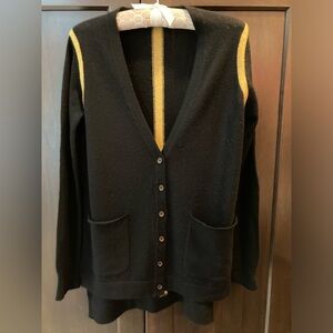 100% Cashmere Cardigan Black with Gold Stripes with POCKETS sz S